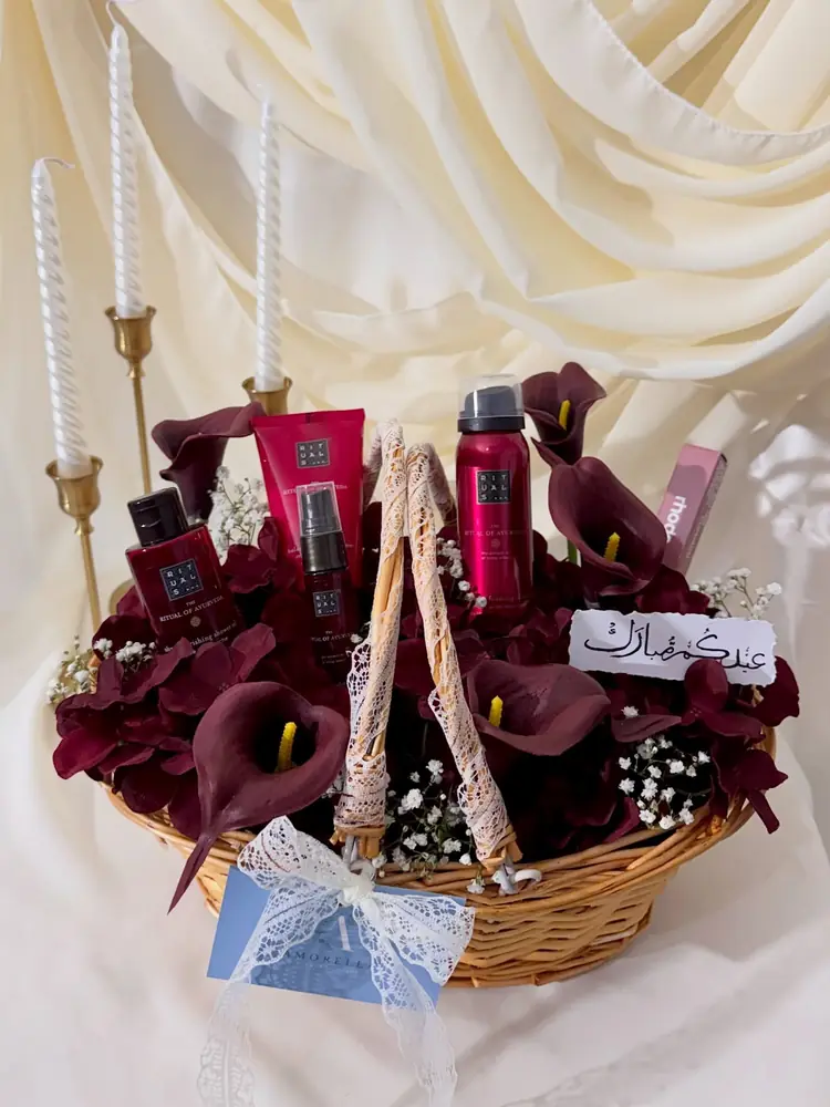 Eid bloom basket with calla lilies, hydrangeas and gypsophila