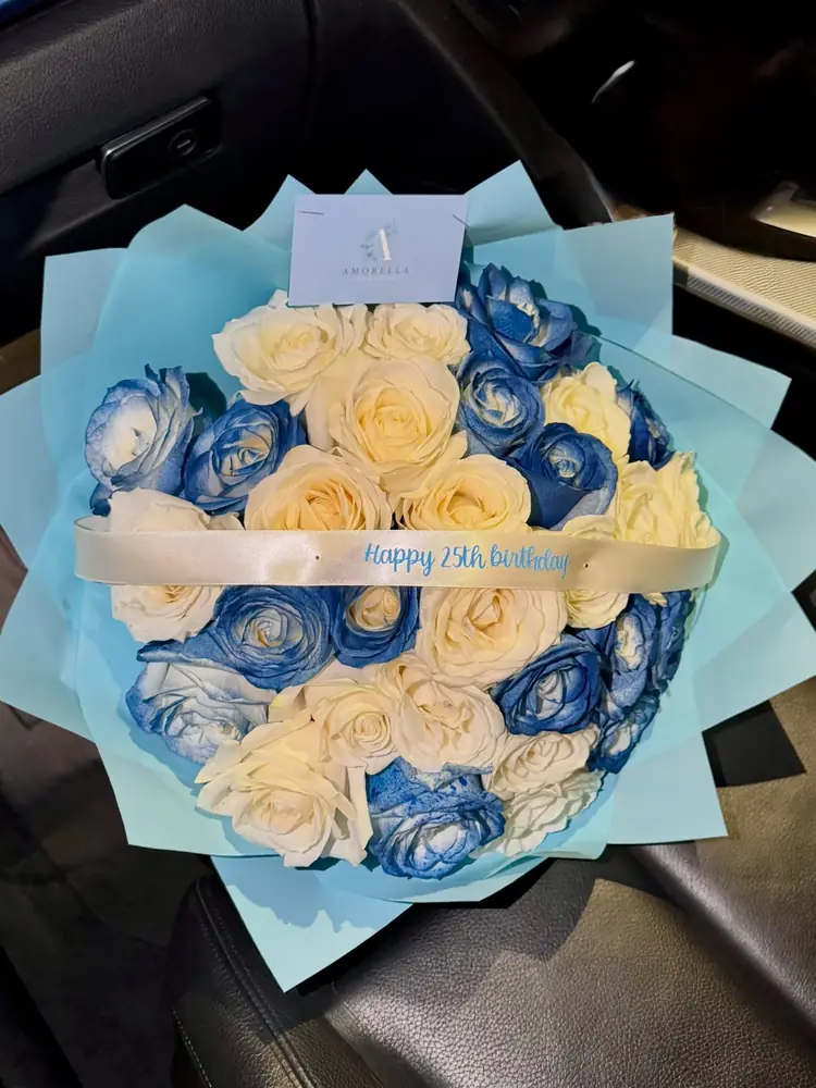 Blue and cream rose birthday bouquet
