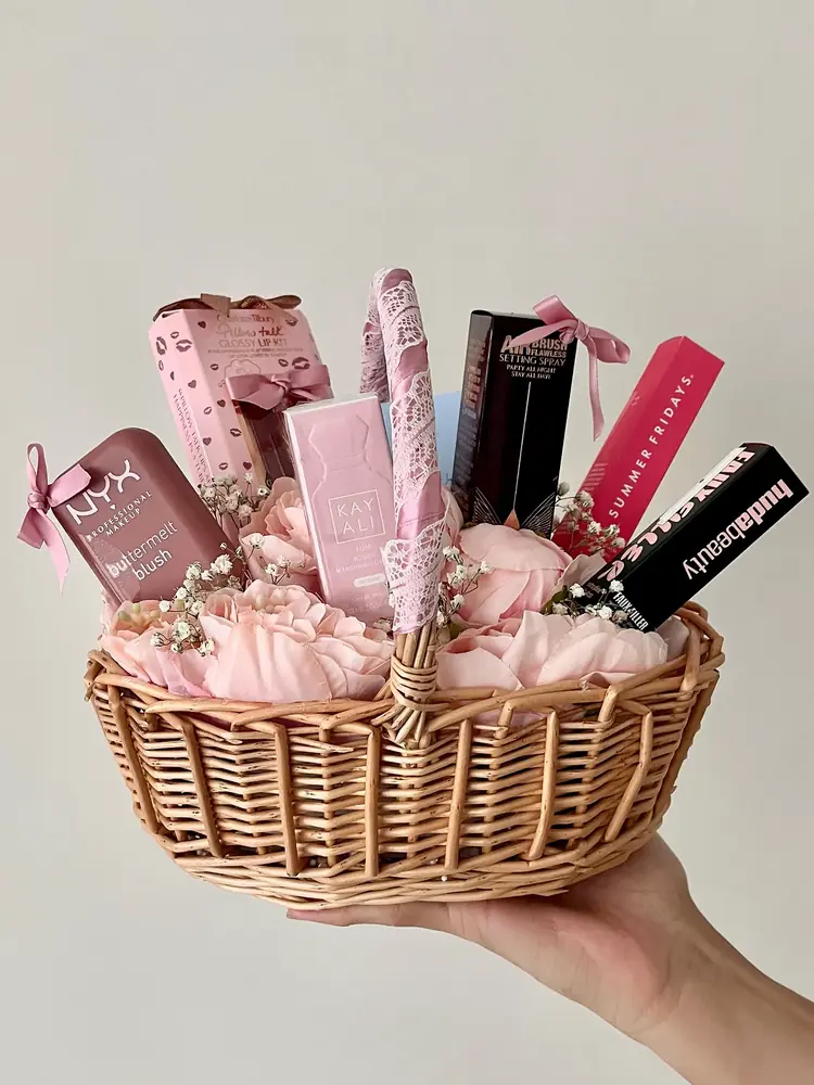 Small pink peony gift basket with makeup