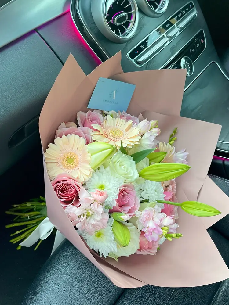 Pastel gerbera, rose and lily bouquet