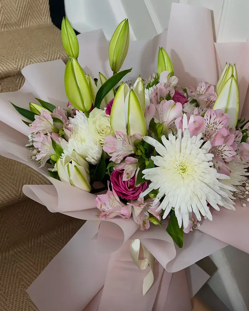 Pink lily, rose and alstroemeria anniversary bouquet
