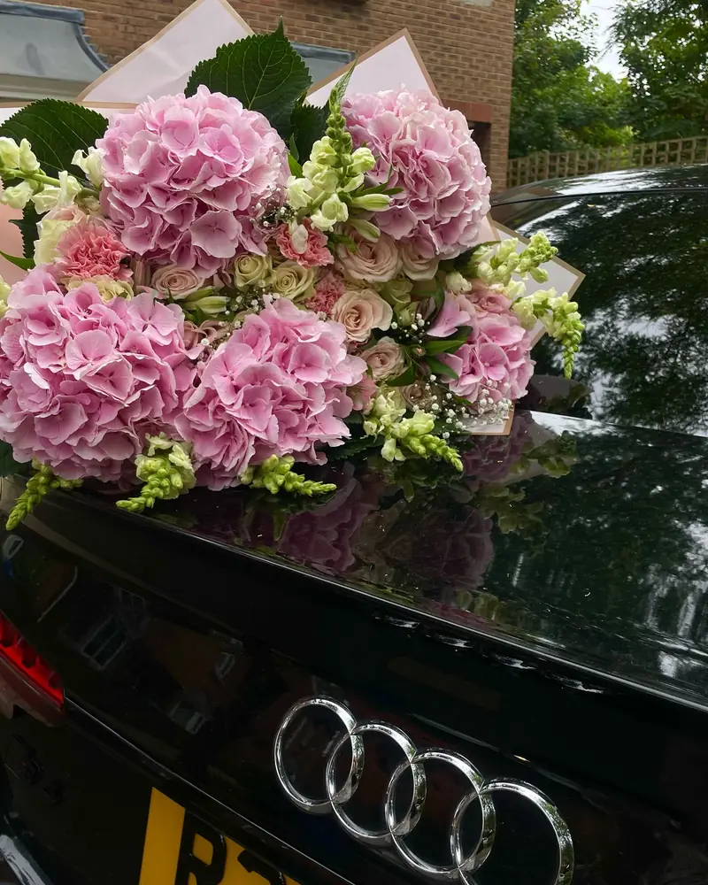 Pink hydrangea and rose bouquet